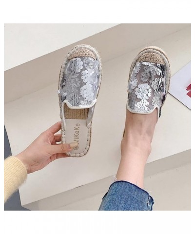 Breathable Open Toe Sandals for Women Summer Women's Flat Bottom Fashion Casual Large Sequin Roman Sandals Silver $19.70 Sandals