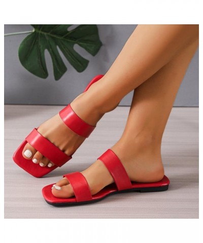 Ladies Fashion Summer Solid Leather Square Toe Open Toe Flat Bottom Beach Slippers Bathrobe and Slippers for Women (Red, 7) 7...