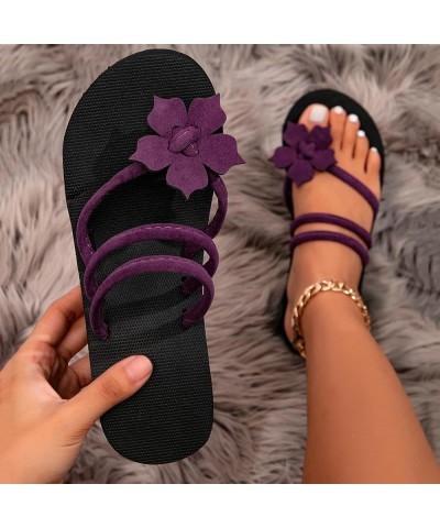 Lady Women Flowers Flat Flip Flops Beach Slippers Summer Casual Non-slip Slides Sandals T-strap Shoes Purple 1 $10.43 Sandals