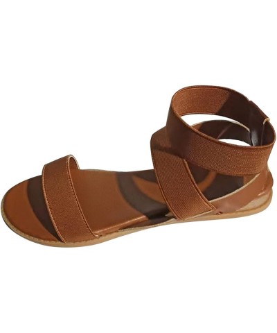 Ladies Retro Strappy Sandals Solid Color Leather Open Toe Flat Bottom Sandals Versatile Ankle Strap Dressy Brown 7.5 $17.34 S...