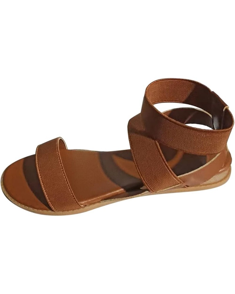 Ladies Retro Strappy Sandals Solid Color Leather Open Toe Flat Bottom Sandals Versatile Ankle Strap Dressy Brown 7.5 $17.34 S...