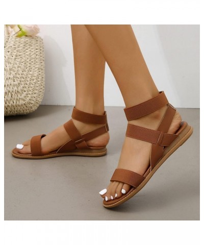 Ladies Retro Strappy Sandals Solid Color Leather Open Toe Flat Bottom Sandals Versatile Ankle Strap Dressy Brown 7.5 $17.34 S...