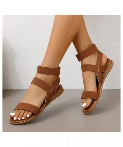 Ladies Retro Strappy Sandals Solid Color Leather Open Toe Flat Bottom Sandals Versatile Ankle Strap Dressy Brown 7.5 $17.34 S...