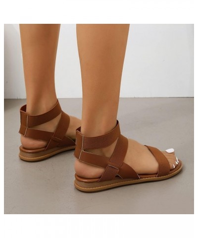 Ladies Retro Strappy Sandals Solid Color Leather Open Toe Flat Bottom Sandals Versatile Ankle Strap Dressy Brown 7.5 $17.34 S...