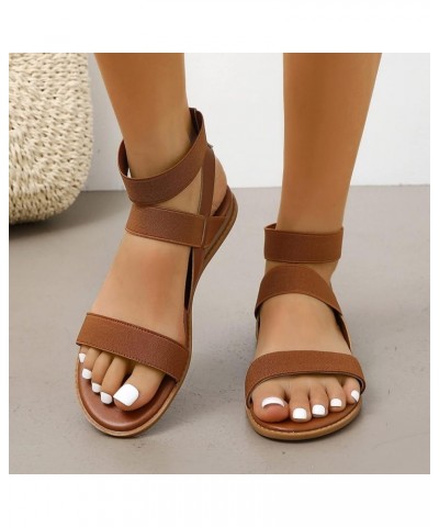 Ladies Retro Strappy Sandals Solid Color Leather Open Toe Flat Bottom Sandals Versatile Ankle Strap Dressy Brown 7.5 $17.34 S...