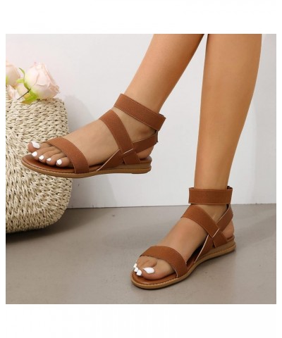 Ladies Retro Strappy Sandals Solid Color Leather Open Toe Flat Bottom Sandals Versatile Ankle Strap Dressy Brown 7.5 $17.34 S...