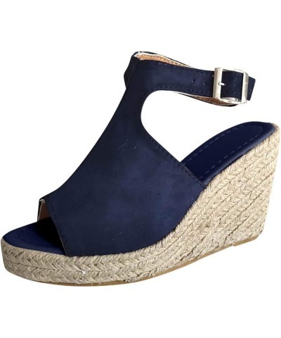 Sandals for Women Dressy Summer,Wedge Sandals for Women Buckle Ankle Strap Open Toe Platform Wedges Shoes Dark Blue Lightning...