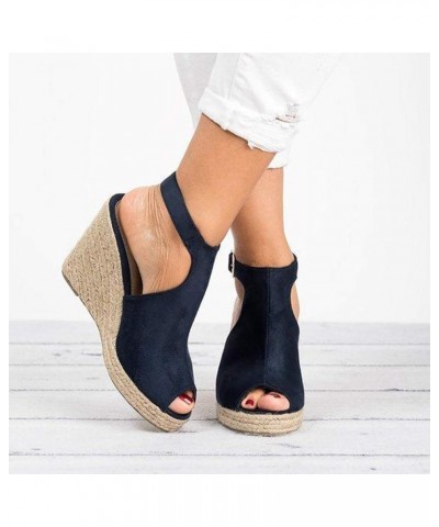 Sandals for Women Dressy Summer,Wedge Sandals for Women Buckle Ankle Strap Open Toe Platform Wedges Shoes Dark Blue Lightning...