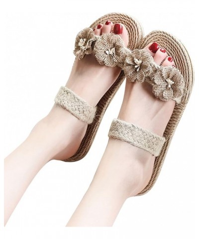 Sandals for Women wide feet Womens Slippers Cotton Linen Flowers Solid Color Beach Flat Bottom Beige $10.09 Athletic Shoes