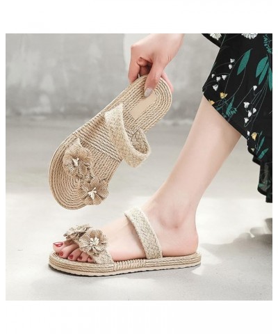 Sandals for Women wide feet Womens Slippers Cotton Linen Flowers Solid Color Beach Flat Bottom Beige $10.09 Athletic Shoes