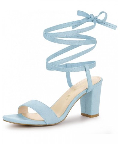 Women's Lace Up Chunky Heels Sandals Sky Blue $19.32 Sandals