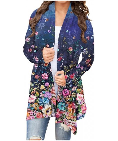 Lightweight Summer Cardigan for Women Printing Long Sleeve Open Front Cardigan Fall and Winter Comfy Dressy Kimono 1-dark Blu...