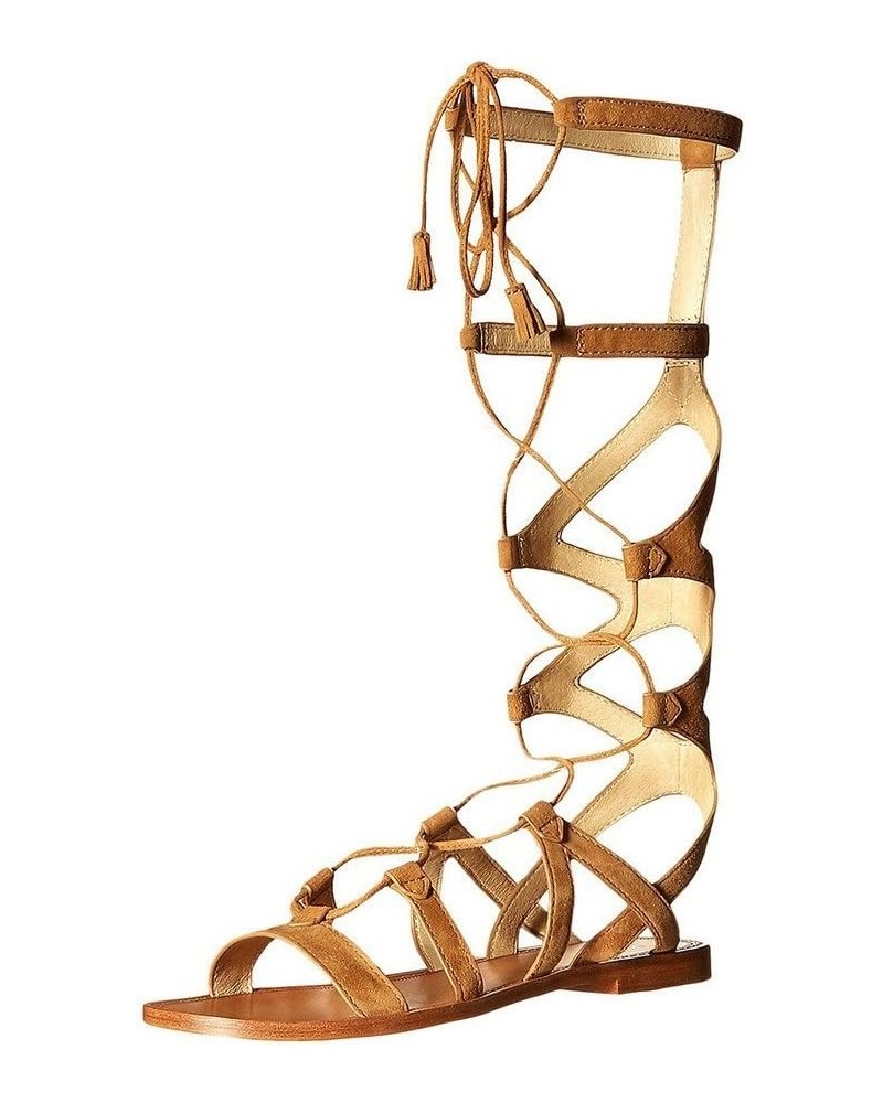 Women Sexy Knee High Lace up Flats Fringe Low Heel Gladiator Strap Sandals Shoe Tan $48.00 Sandals