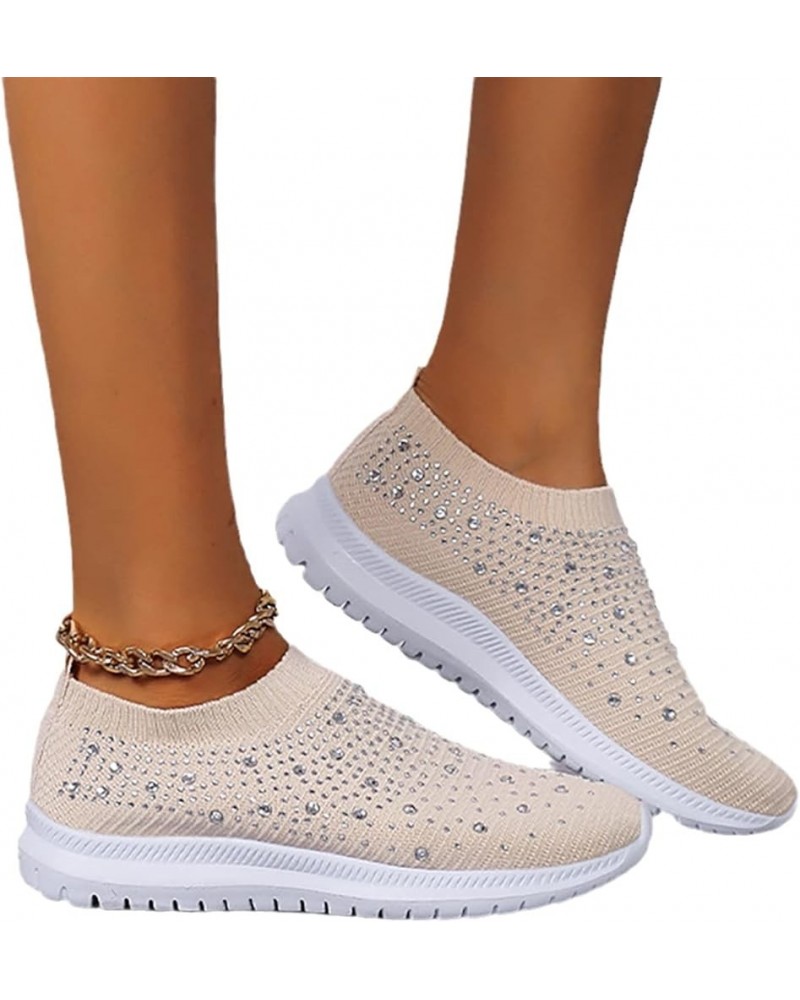 Women's Leisure Sneaker Fashion Slip-on Walking Shoes with Rhinestones Summer Breathable Knitted Mesh Sneakers Lightweight Co...