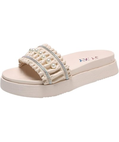 Women Peep Toe Platform Slides Sandals Elegant Pearl Embellished Slip-on Beach Party Flatform Slippers Beige $21.96 Sandals