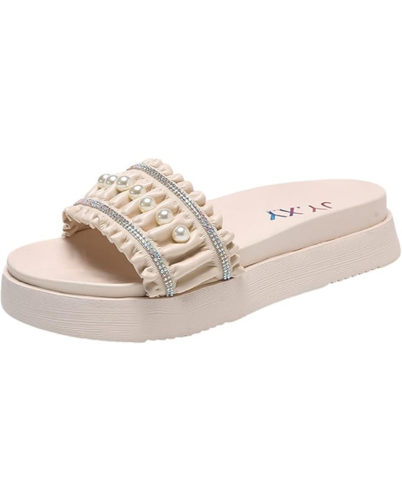 Women Peep Toe Platform Slides Sandals Elegant Pearl Embellished Slip-on Beach Party Flatform Slippers Beige $21.96 Sandals