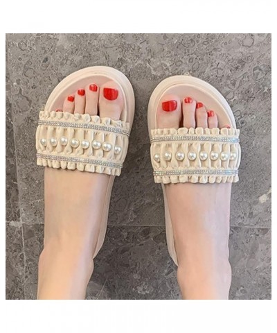 Women Peep Toe Platform Slides Sandals Elegant Pearl Embellished Slip-on Beach Party Flatform Slippers Beige $21.96 Sandals