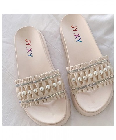 Women Peep Toe Platform Slides Sandals Elegant Pearl Embellished Slip-on Beach Party Flatform Slippers Beige $21.96 Sandals