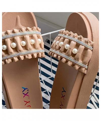 Women Peep Toe Platform Slides Sandals Elegant Pearl Embellished Slip-on Beach Party Flatform Slippers Beige $21.96 Sandals