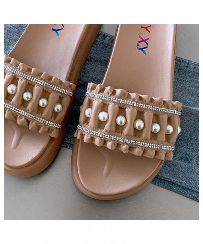 Women Peep Toe Platform Slides Sandals Elegant Pearl Embellished Slip-on Beach Party Flatform Slippers Beige $21.96 Sandals