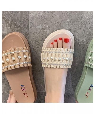 Women Peep Toe Platform Slides Sandals Elegant Pearl Embellished Slip-on Beach Party Flatform Slippers Beige $21.96 Sandals