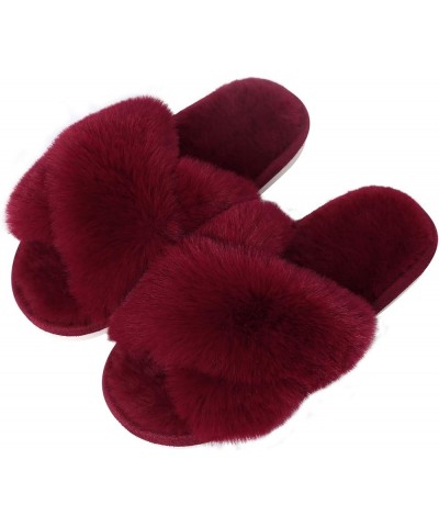 Women's Fuzzy Slippers Cross Band Memory Foam House Slippers Open Toe Burgundy $8.39 Slippers