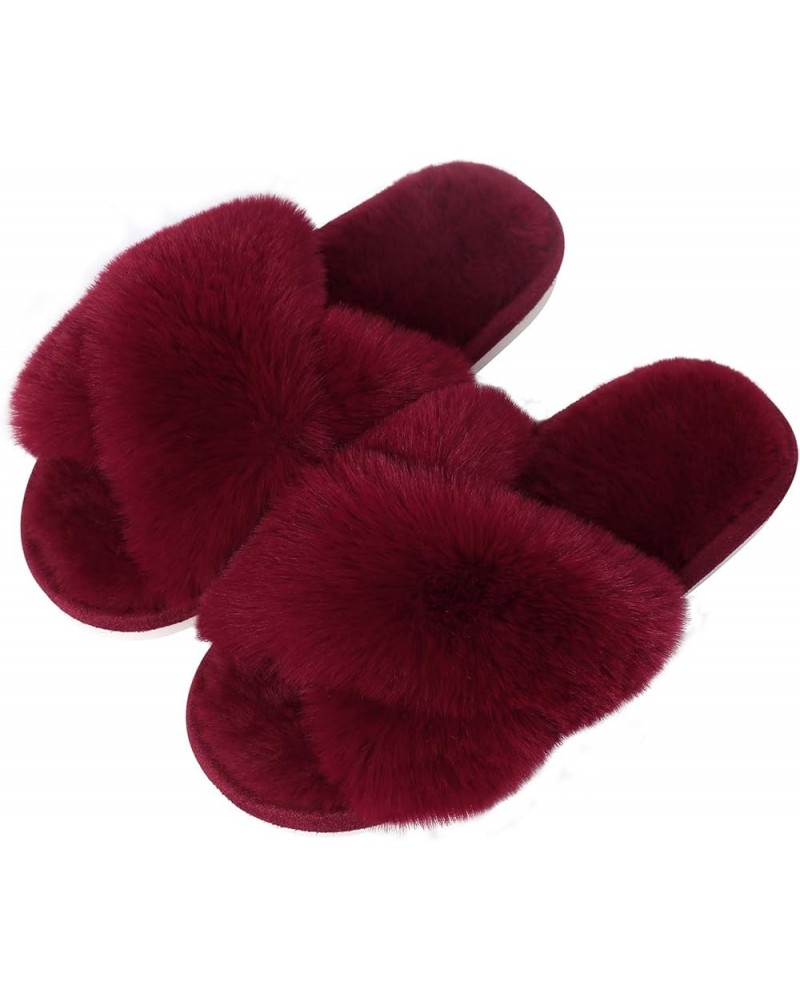 Women's Fuzzy Slippers Cross Band Memory Foam House Slippers Open Toe Burgundy $8.39 Slippers