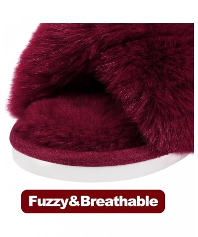 Women's Fuzzy Slippers Cross Band Memory Foam House Slippers Open Toe Burgundy $8.39 Slippers