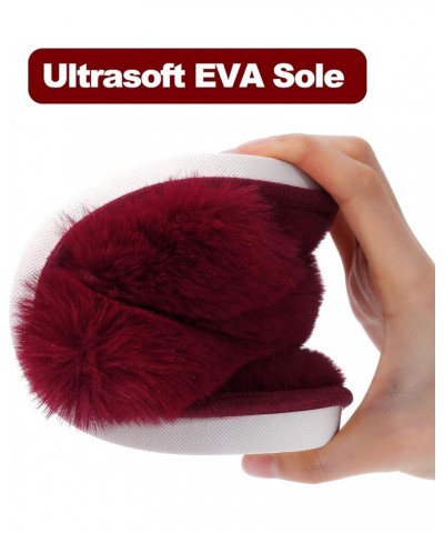 Women's Fuzzy Slippers Cross Band Memory Foam House Slippers Open Toe Burgundy $8.39 Slippers