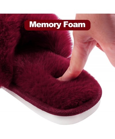 Women's Fuzzy Slippers Cross Band Memory Foam House Slippers Open Toe Burgundy $8.39 Slippers