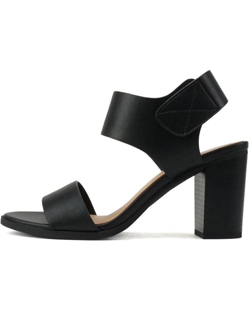 WAIT-A ~ Women Open Round Toe Chunky Heel Ankle Strap High Heel Dress Sandals Black Pu $17.60 Sandals