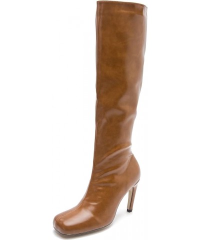 Women's Classic Patent Leather Closed Round Toe Dress Side Zipper Stiletto High Heel Slip On Knee High Boots Brown $48.08 Boots