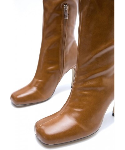 Women's Classic Patent Leather Closed Round Toe Dress Side Zipper Stiletto High Heel Slip On Knee High Boots Brown $48.08 Boots