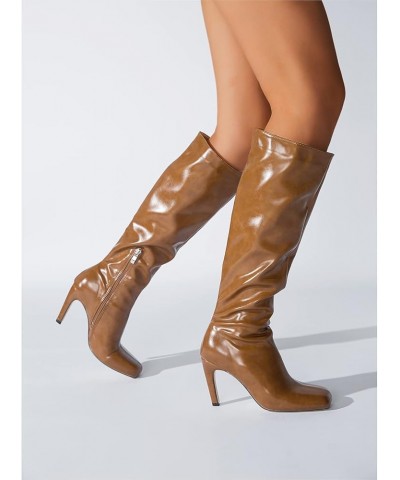 Women's Classic Patent Leather Closed Round Toe Dress Side Zipper Stiletto High Heel Slip On Knee High Boots Brown $48.08 Boots