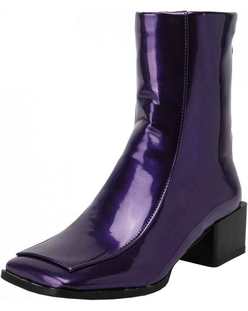 Women Low Heel Patent Leather Gogo Boots Square Toe Chunky Heel Ankle Boots Purple $35.16 Boots