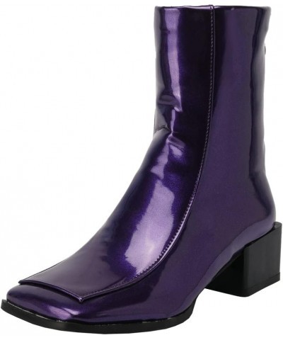 Women Low Heel Patent Leather Gogo Boots Square Toe Chunky Heel Ankle Boots Purple $35.16 Boots