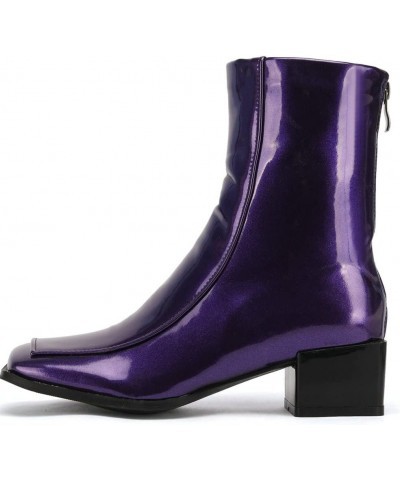 Women Low Heel Patent Leather Gogo Boots Square Toe Chunky Heel Ankle Boots Purple $35.16 Boots