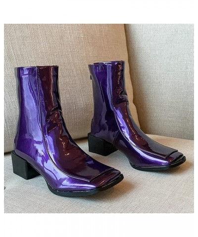 Women Low Heel Patent Leather Gogo Boots Square Toe Chunky Heel Ankle Boots Purple $35.16 Boots