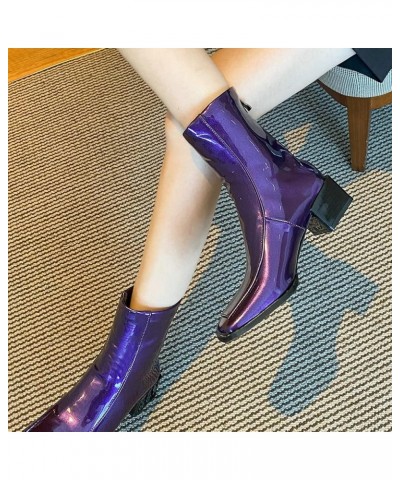 Women Low Heel Patent Leather Gogo Boots Square Toe Chunky Heel Ankle Boots Purple $35.16 Boots