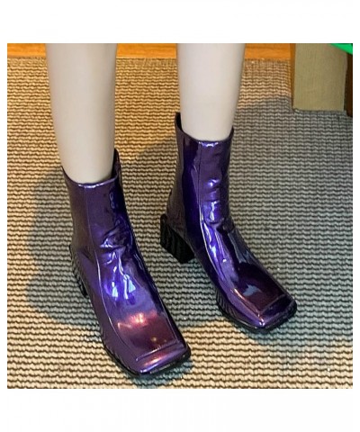 Women Low Heel Patent Leather Gogo Boots Square Toe Chunky Heel Ankle Boots Purple $35.16 Boots