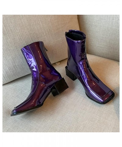 Women Low Heel Patent Leather Gogo Boots Square Toe Chunky Heel Ankle Boots Purple $35.16 Boots