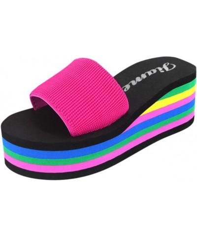 Women's Rainbow Platform Wedge Slide Sandals Casual Summer Slip On Slippers Slippers Beach High Heel Sandals Hot Pink $18.13 ...