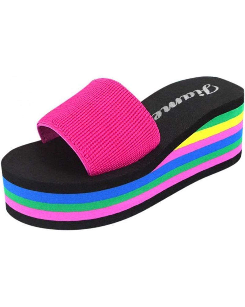 Women's Rainbow Platform Wedge Slide Sandals Casual Summer Slip On Slippers Slippers Beach High Heel Sandals Hot Pink $18.13 ...