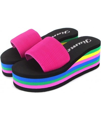 Women's Rainbow Platform Wedge Slide Sandals Casual Summer Slip On Slippers Slippers Beach High Heel Sandals Hot Pink $18.13 ...