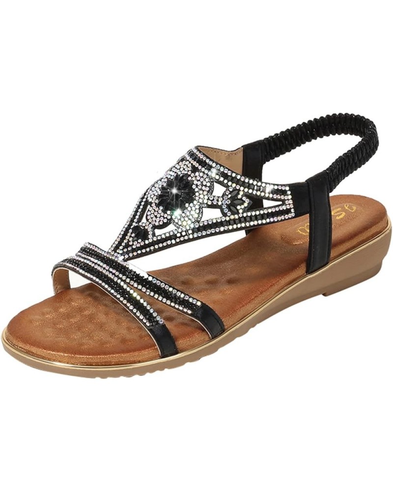 Sandals For Womens Studded Crystal Shoes Wedges Elastic Strap Roman Sandals Z 02-black $14.14 Sandals