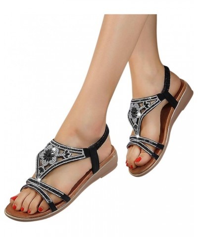 Sandals For Womens Studded Crystal Shoes Wedges Elastic Strap Roman Sandals Z 02-black $14.14 Sandals