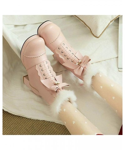 Women Cute Lolita Platform Ankle Boots Chunky Heel Lace Up Booties Rockabilly Shoes with Zipper Pink $28.39 Boots