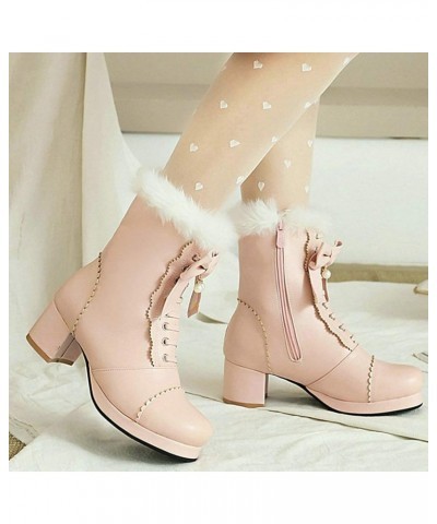 Women Cute Lolita Platform Ankle Boots Chunky Heel Lace Up Booties Rockabilly Shoes with Zipper Pink $28.39 Boots