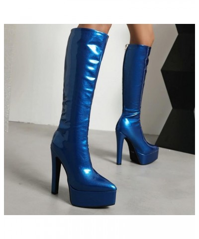 Women High Heel Boots Autumn and Winter Fashion New Pattern Leather Pointed Thin Heel Platform Womens Shoes Fall 2022 Blue $4...