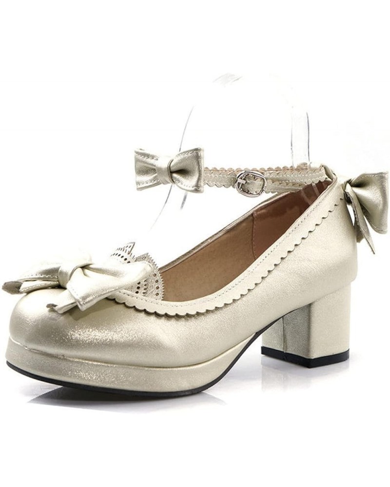 Women's Round Toe Princess Girl Lolita Bow Oxfords Mary Janes with Block Heels Ankle Buckle Wedding Dress Shoes Golden $23.76...